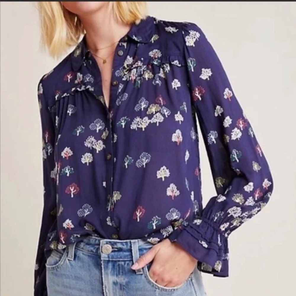 Anthropologie Maeve Fredericka Button Down Top Tree Print Size 6 Blue